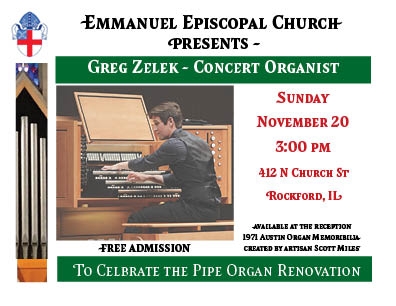 Greg Zelek Organ Concert Sunday November 20th